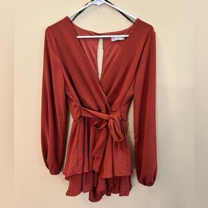 Altar’d State- long sleeve romper/dress, belt/ tie front